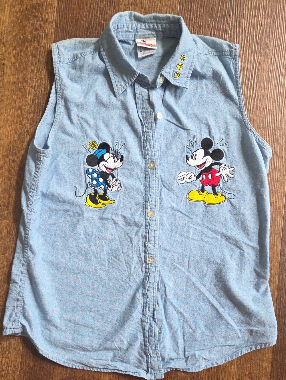 Disney Light Blue Sleeveless Denim Shirt with Minnie & Mickey Embroidery